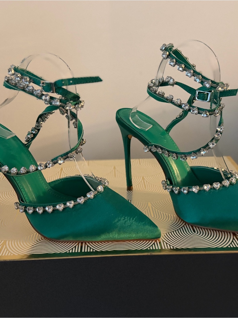 Liliana Emerald Green Jeweled Strappy Pointed-Toe Stilettos